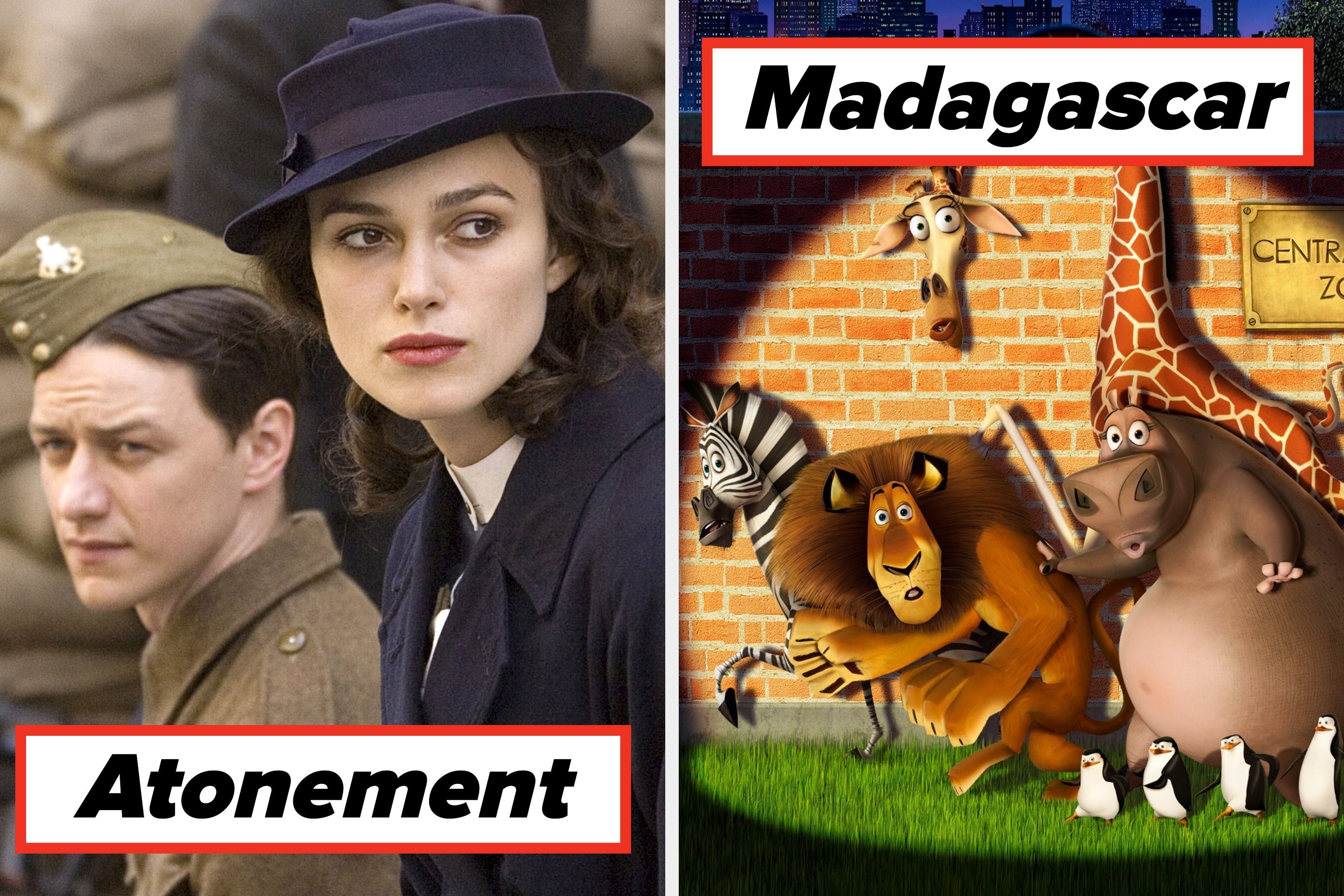 Left: Person with shaved head and intense expression. Right: Animated "Madagascar" characters against a brick wall