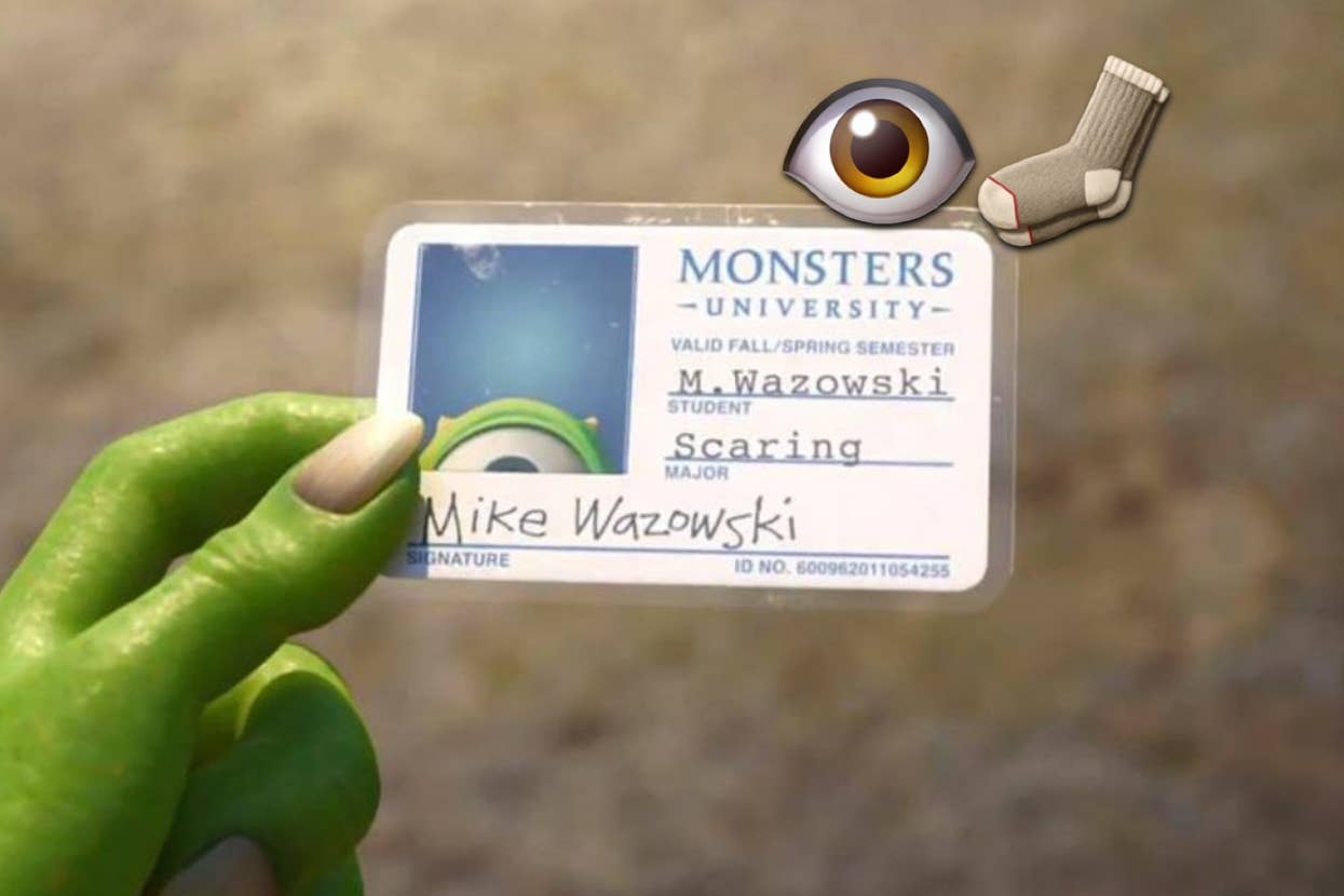 Monster holds a university ID card with "Mike Wazowski," majoring in scaring, from "Monsters University."