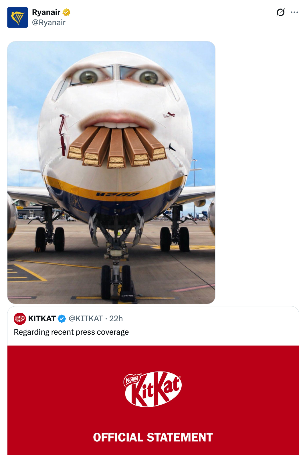 Humorous representation of a Ryanair level with a face, partially resembling a KitKat bar, accompanied by a KitKat connection header