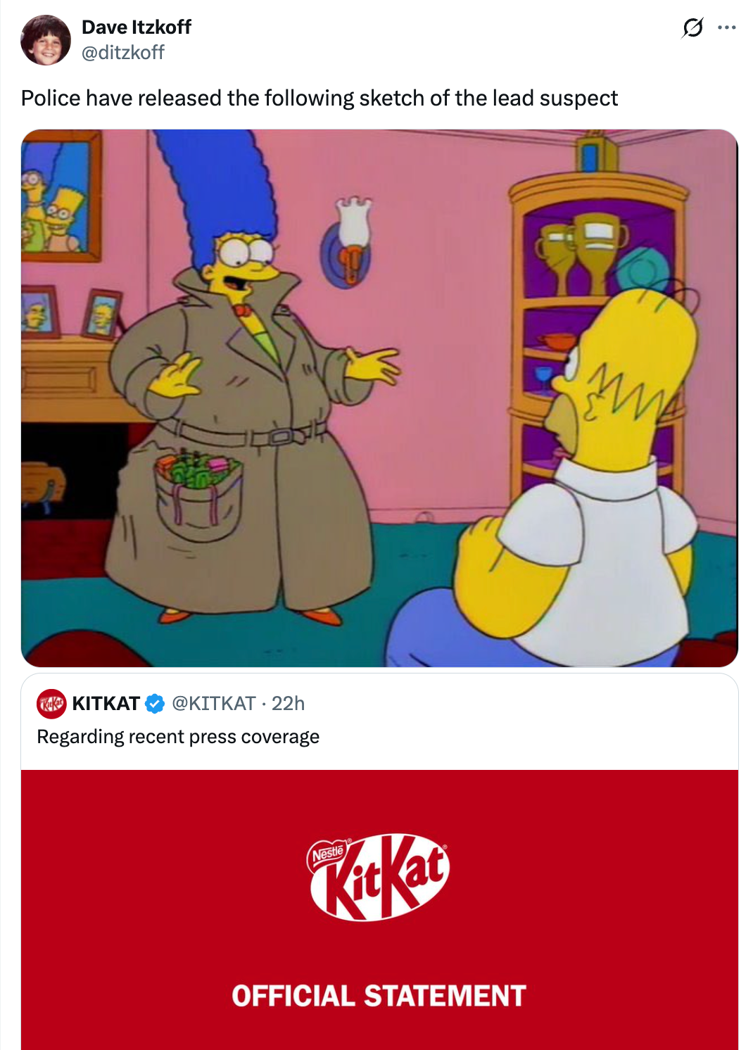Cartoon with Marge and Homer Simpson, Marge wearing a trench overgarment with KitKat bars, followed by a KitKat "Official Statement" graphic