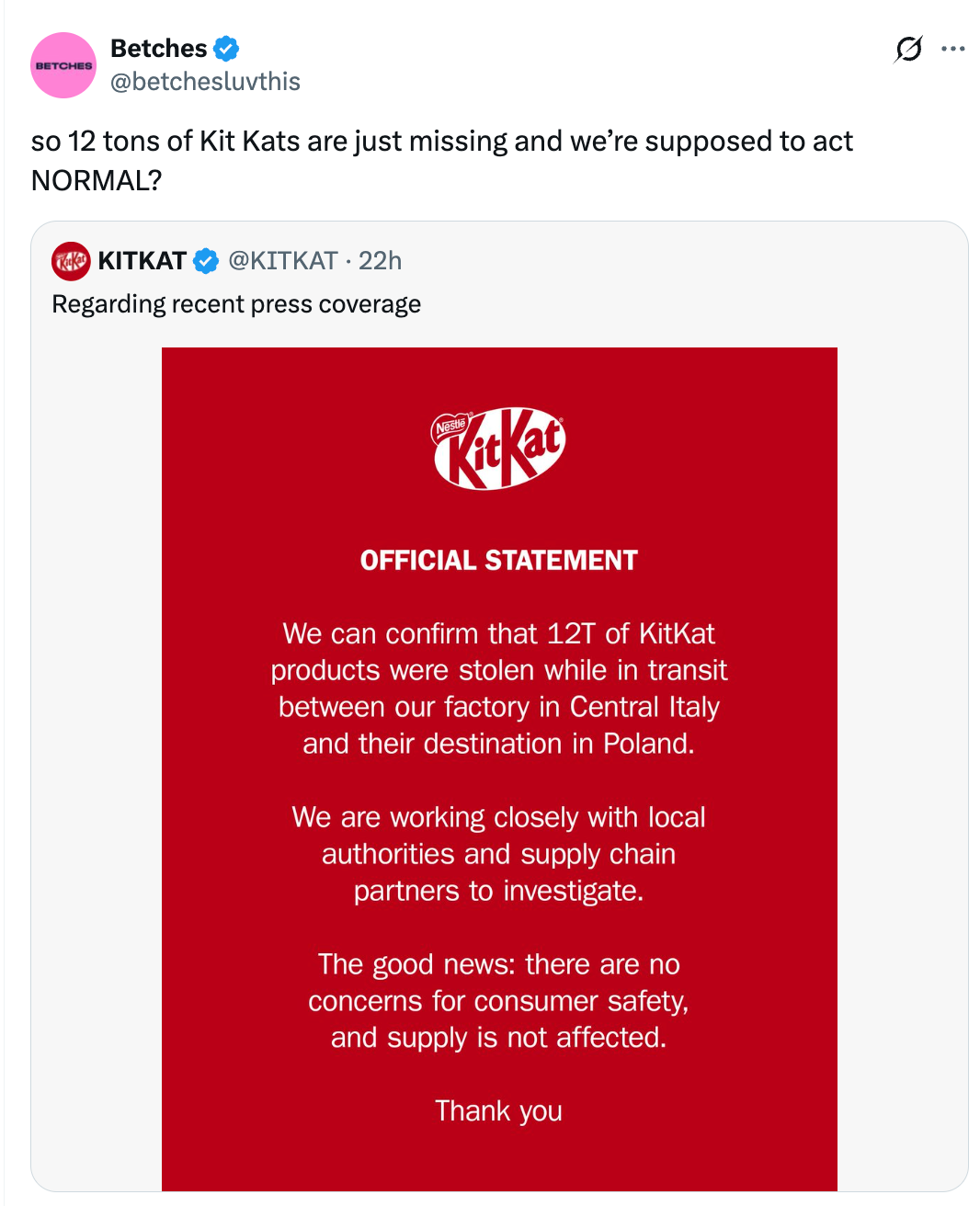 Kit Kat confirms 12T of products stolen successful transit to Poland; nary user information concerns