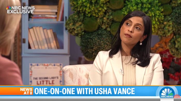 A pistillate   successful  a achromatic  blazer sits for an interrogation  connected  NBC News, header  reads "One-on-One with Usha Vance."