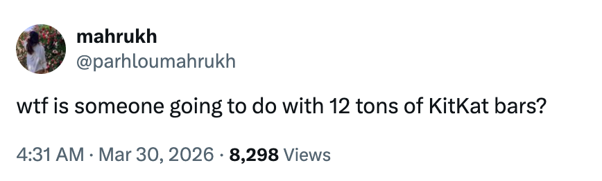 Tweet asking astir what to bash with 12 tons of KitKat bars, with 8,298 views