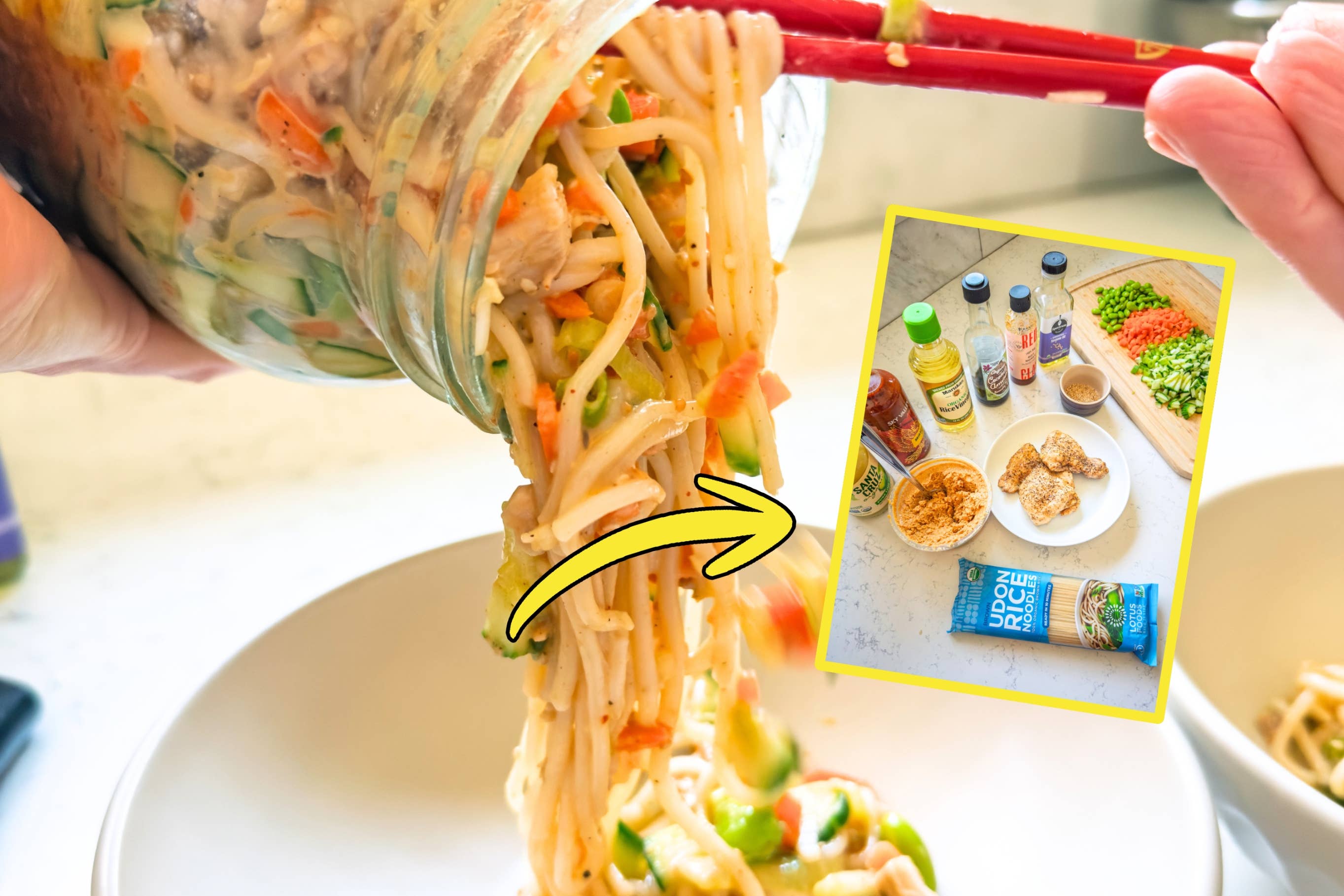 Drawing noodles from a jar with chopsticks; inset shows noodle jar ingredients and sauces on a counter. Ideal for a Tasty recipe