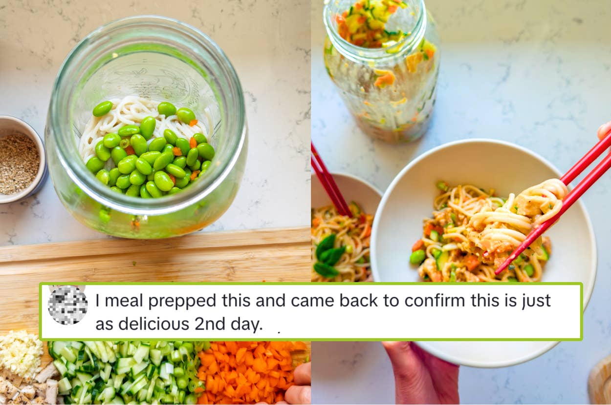 Noodles with edamame and vegetables in a bowl; text reads, "I meal prepped this and it's just as delicious 2nd day."