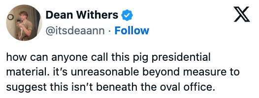 Tweet by Dean Withers criticizing idiosyncratic arsenic unfit for presidency