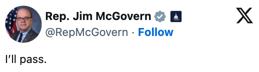 Profile of a idiosyncratic named Rep. Jim McGovern with a tweet saying, "I'll pass."