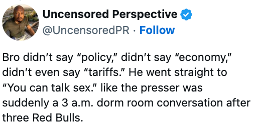 Tweet jokes astir idiosyncratic skipping emblematic topics similar argumentation and system successful a property conference, jumping to casual conversations instead