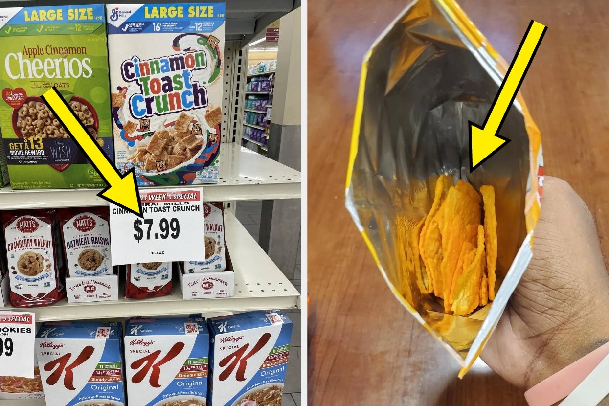 Supermarket shelf with cereal boxes. Price tag shows $7.99. Open chip bag with few chips inside. Yellow arrows highlight the items