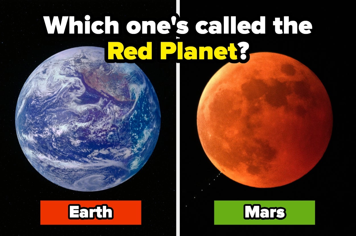 Image comparing Earth and Mars with text asking, "Which one's called the Red Planet?" Earth and Mars are labeled, highlighting Mars as the Red Planet