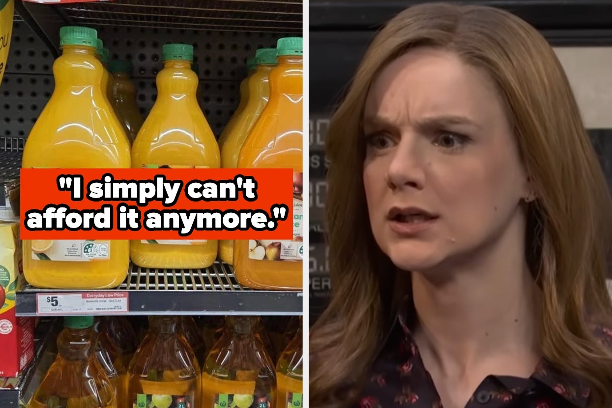 Orange juice bottles on a store shelf with a caption: "I simply can't afford it anymore." A woman looks concerned in a split-screen image