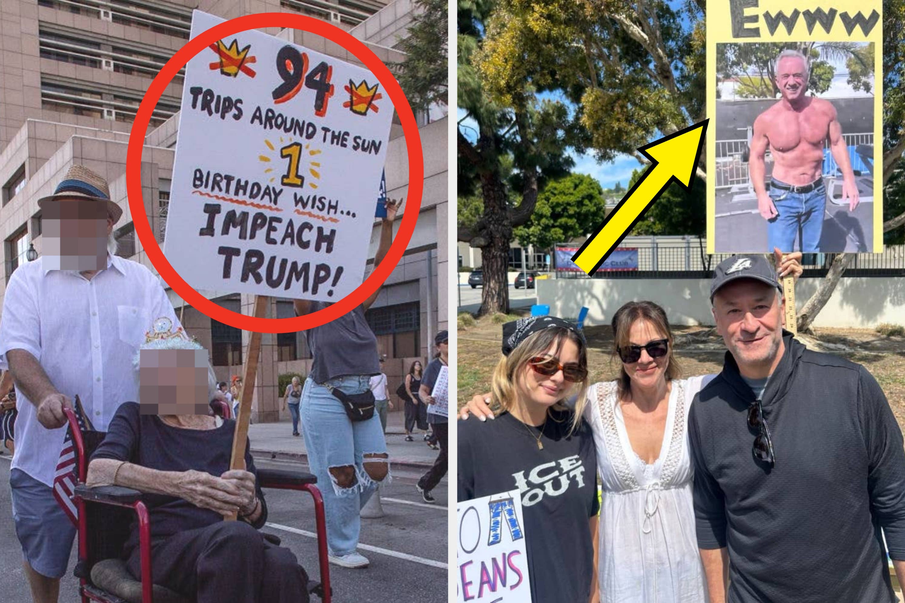 Left: Elderly woman holds "94 trips around the sun, birthday wish... impeach Trump!" sign. Right: Group poses with "Ewww" sign featuring shirtless man photo