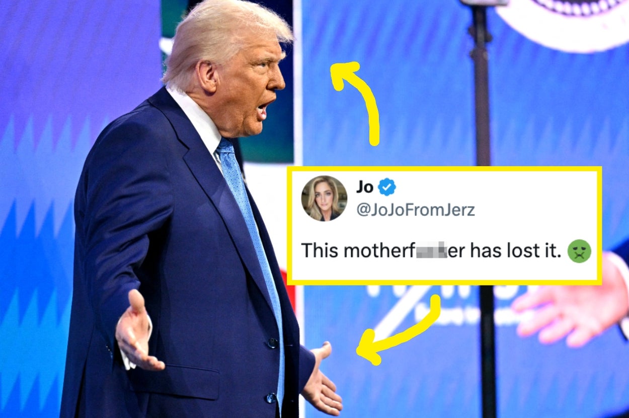 Person gesturing onstage, tweet overlay reads: "This motherf***er has lost it," with an angry face emoji