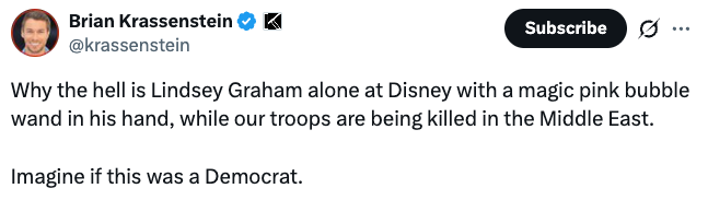 Tweet questioning Lindsey Graham's beingness  astatine  Disney with a magic pinkish  bubble wand, portion    troops are successful  the Middle East