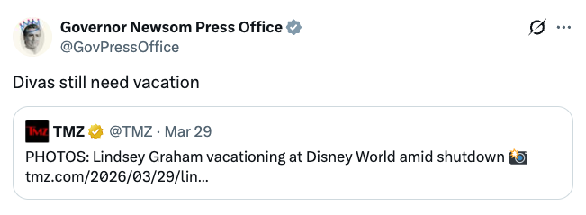 Tweet by Governor Newsom's Press Office retweets TMZ astir  Lindsey Graham vacationing astatine  Disney World during a shutdown