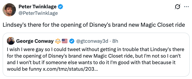  "Lindsey's determination   for the opening   of Disney's marque  caller   Magic Closet ride." Includes a tweet from George Conway with a humorous remark