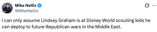 Tweet by Mike Nellis speculating sarcastically astir  Lindsey Graham's sojourn  to Disney World related to Republican subject   efforts
