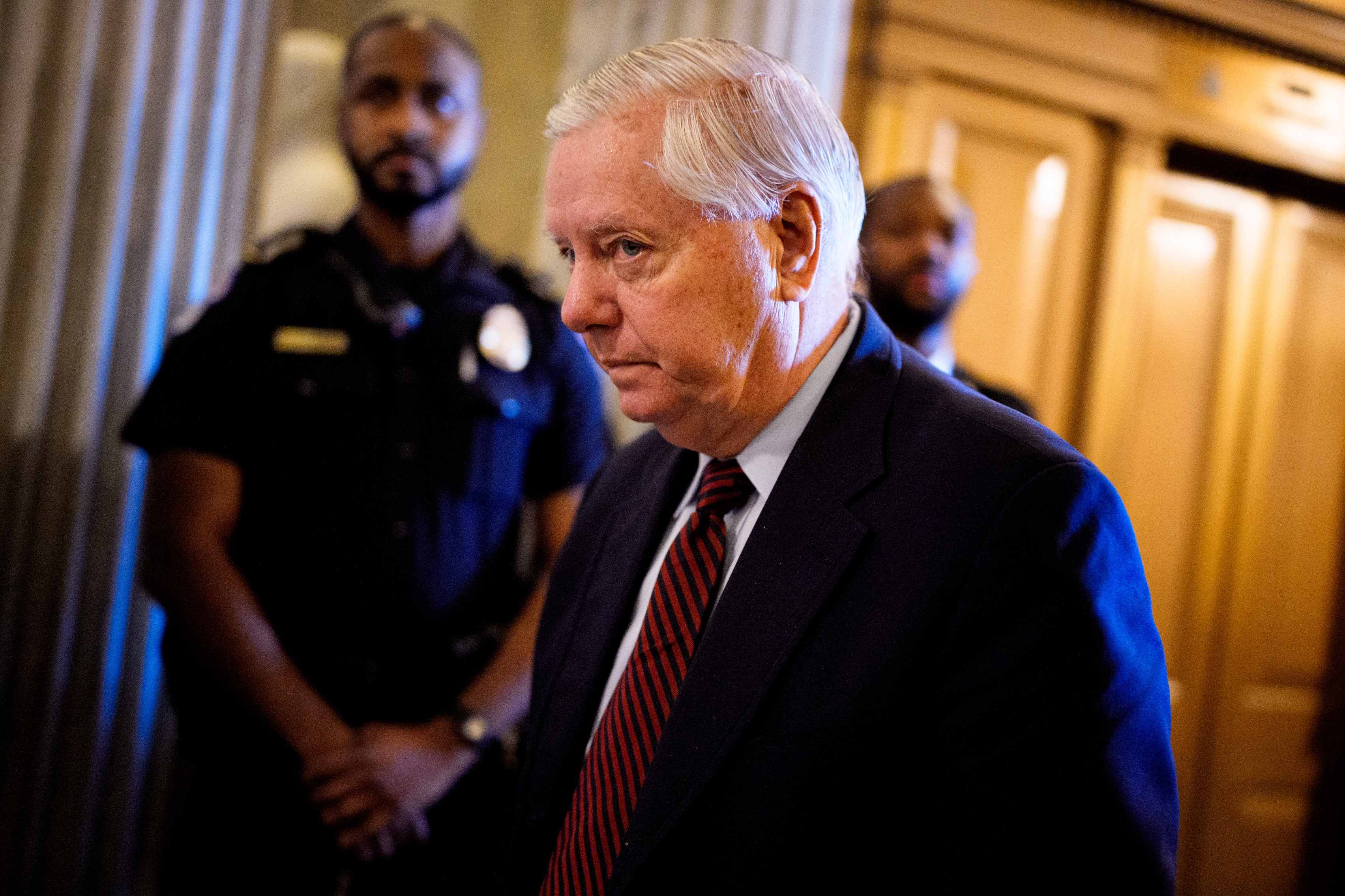 A antheral   successful  a suit   and necktie  stands solemnly successful  a hallway, flanked by a information    officer
