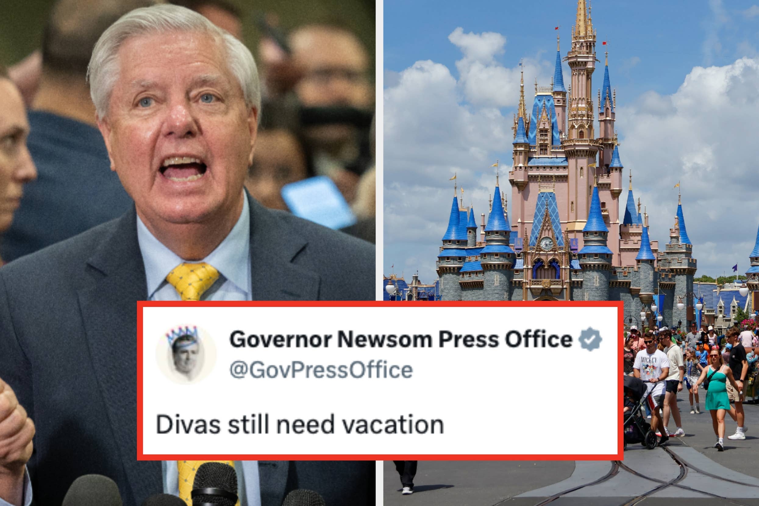 Man speaking passionately at an event; tweet by "Governor Newsom Press Office" says "Divas still need vacation," next to an image of a popular theme park castle