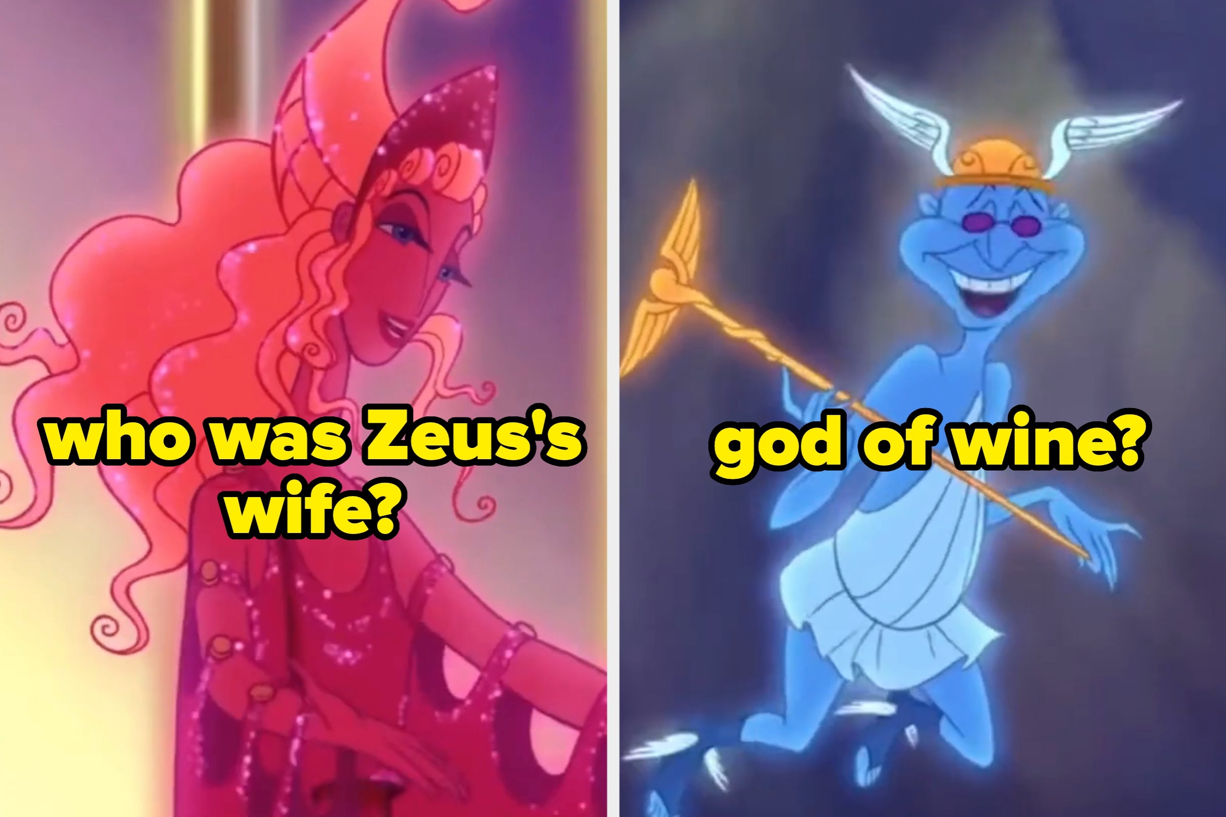 Two cartoon characters from mythology with whimsical expressions; text asks about Zeus's wife and god of wine