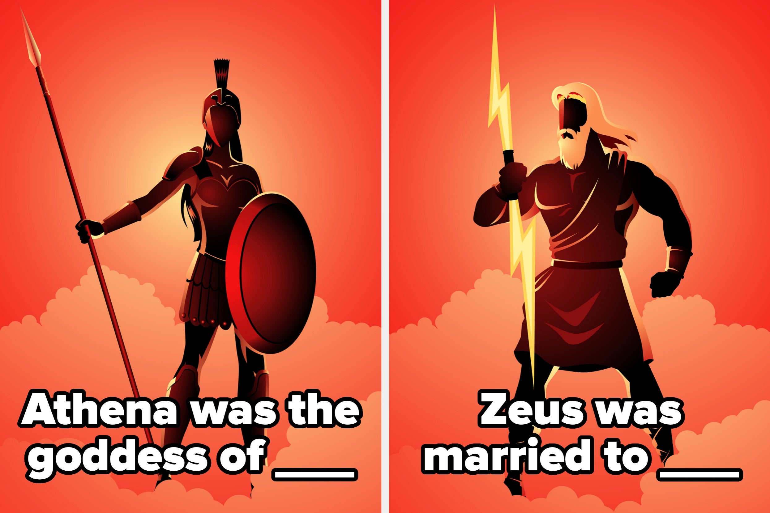Silhouettes of Athena in armor with a shield and Zeus with a lightning bolt. Text prompts: "Athena was the goddess of ___" and "Zeus was married to ___."