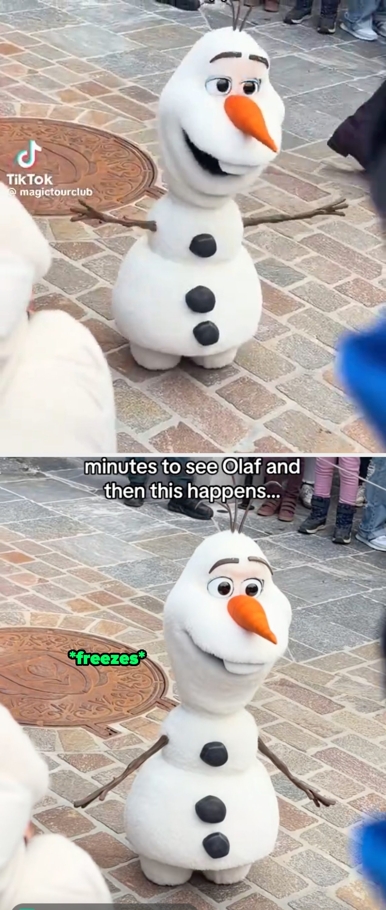 Olaf, a snowman quality  from Disney's Frozen, is greeting guests astatine  Disneyland Paris. Text humorously mentions waiting successful  enactment     for 30 minutes