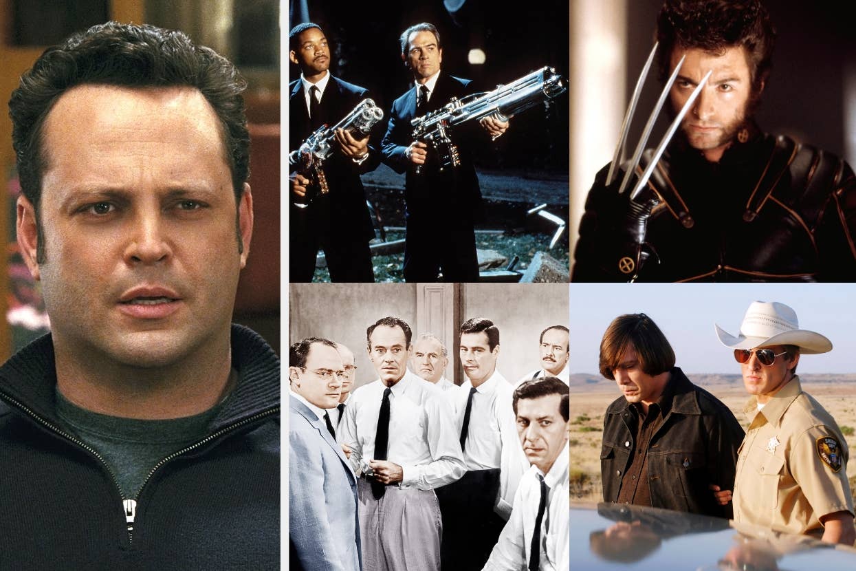 Collage of famous movie scenes and characters, including men in suits with futuristic weapons, a man with metal claws, and men in classic attire