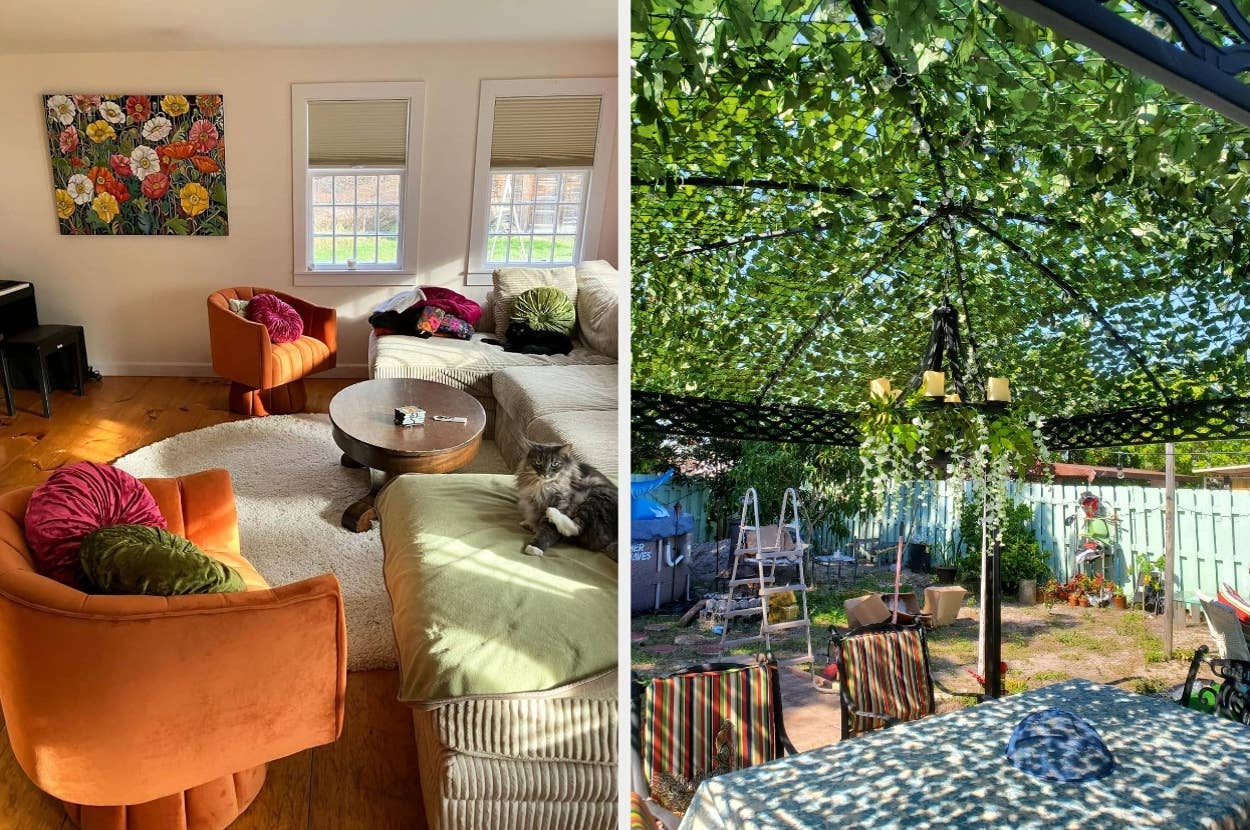 A cozy living room with a sectional sofa, orange chairs, and wall art. A shaded backyard patio with plants, chairs, and a table