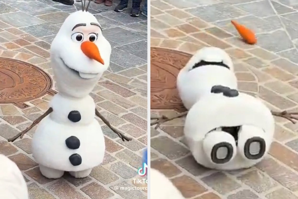 Snowman character mascot stands and then humorously falls apart on a paved walkway