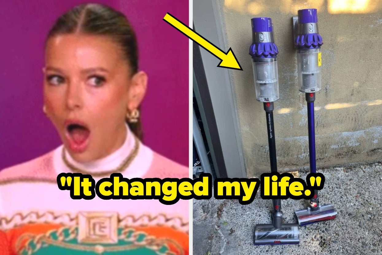 A surprised person alongside two vacuum cleaners, with a quote: "It changed my life."