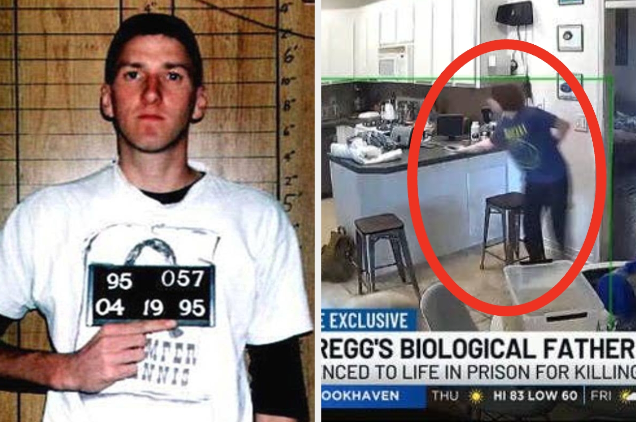 Split image: Left, a man holds a sign with numbers. Right, a person in a kitchen is circled in red. News headline mentions a biological father sentenced to life