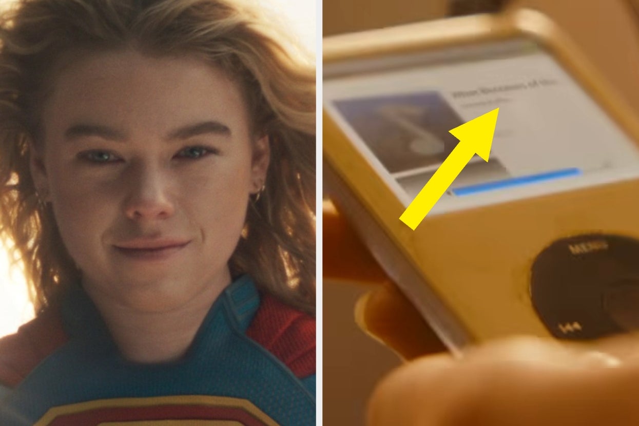 Left: Person in a superhero outfit. Right: Close-up of a hand holding a music player with an arrow pointing at the screen