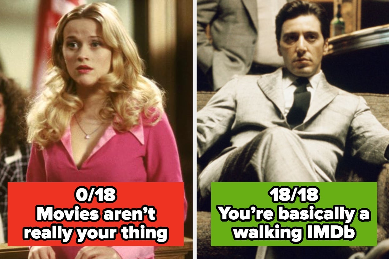 Split image quiz result: Left - 0/18 with text "Movies aren’t really your thing." Right - 18/18 with text "You’re basically a walking IMDb."