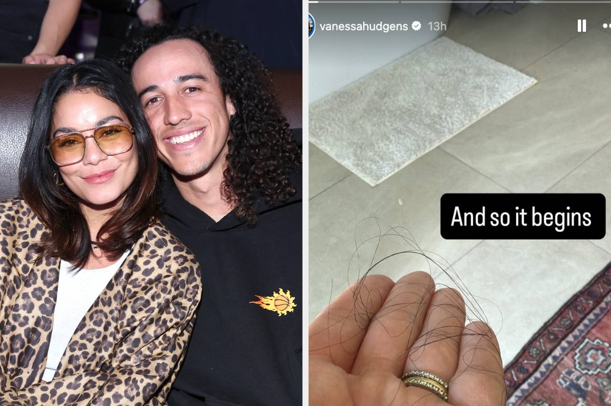 Left: Vanessa Hudgens and Cole Tucker. Right: Vanessa holding hair strands with text "And so it begins"