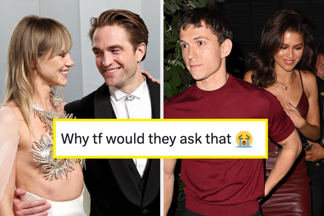 Two celebrity couples at an event; one pair smiling and the other pair walking closely. Overlaid text: "Why tf would they ask that 😭"