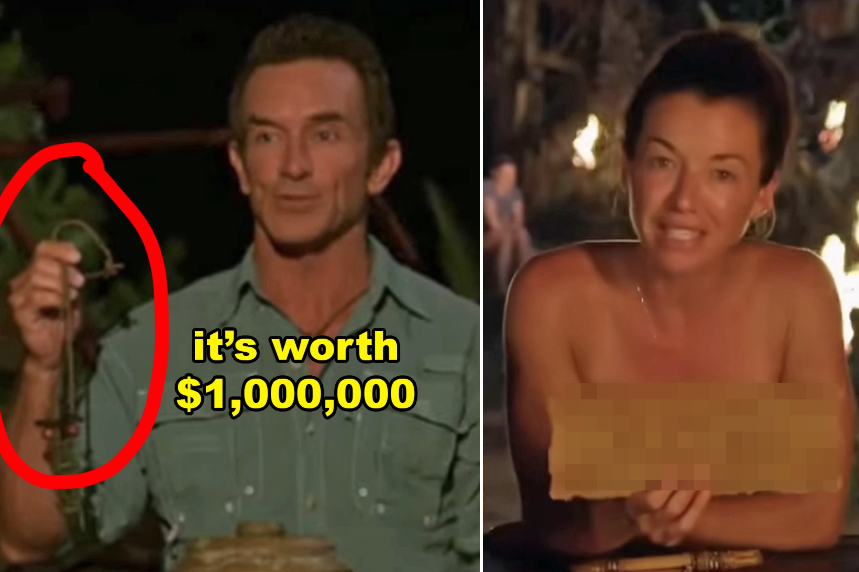 Two scenes from the reality TV show Survivor: host Jeff Probsty holds an Immunity Idol at Tribal Council, and a contestant, Parv, holds up her vote on a handwritten parchment