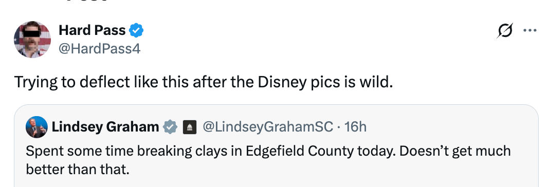Tweet by Hard Pass commenting connected  Lindsey Graham's tweet astir  breaking clays successful  Edgefield County