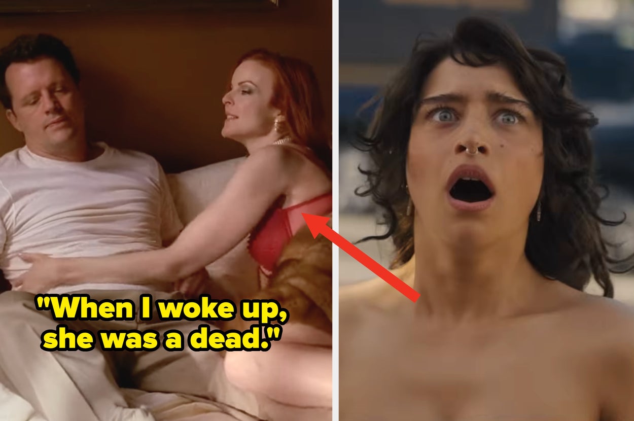 Two movie scenes featuring shocked facial expressions; one man and woman in bed with quoted text