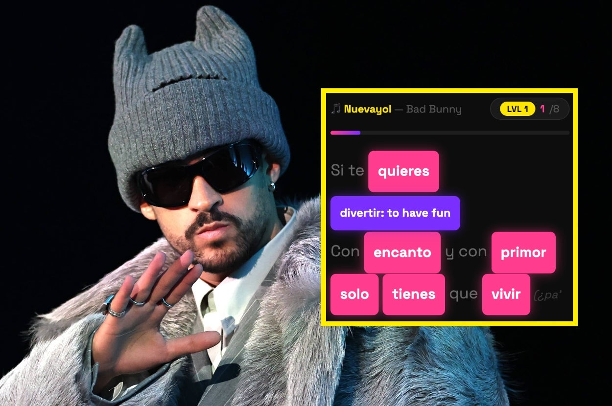 Person in fur coat, knit hat, sunglasses posing with a raised hand. Overlay shows word game with words like "quieres" and "divertir: to have fun."
