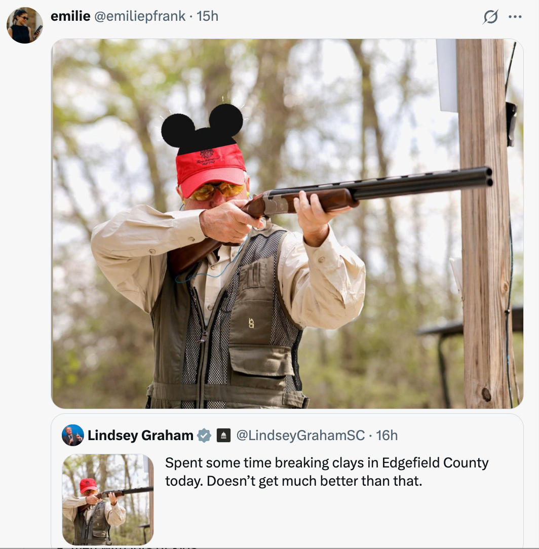 Person with a Disney chapeau  shooting a gun, arsenic  seen successful  a societal  media station  referencing a tweet astir  breaking clays successful  Edgefield County