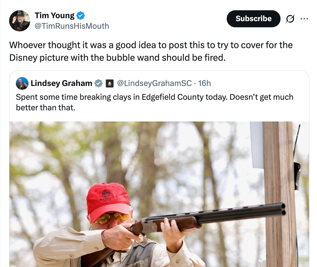Tweet by Tim Young criticizing a photograph  of Lindsey Graham shooting a shotgun, mentioning "cover for the Disney representation   with the bubble wand."