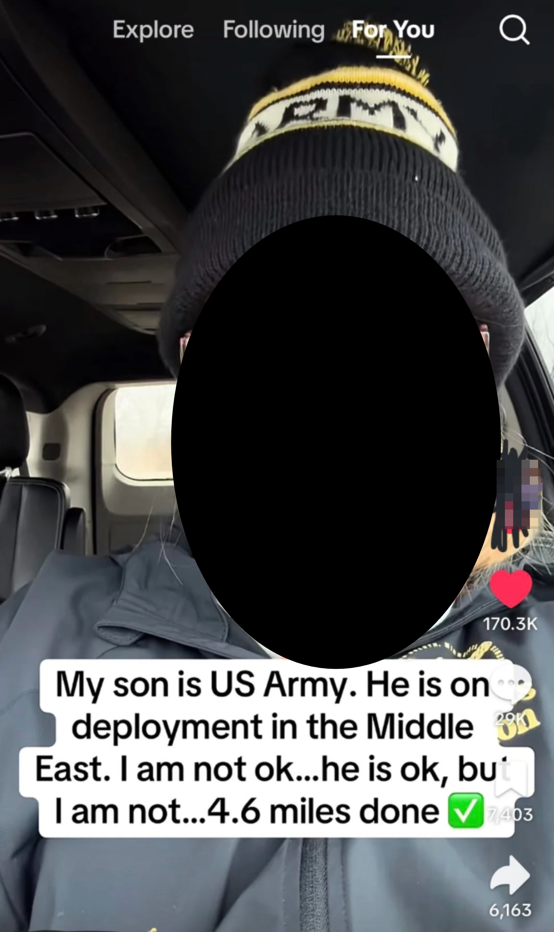 Person successful  a car   with a crying emoji connected  their face; substance   overlay shares interest  astir  a lad   successful  the US Army deployed successful  the Middle East, 4.6 miles run