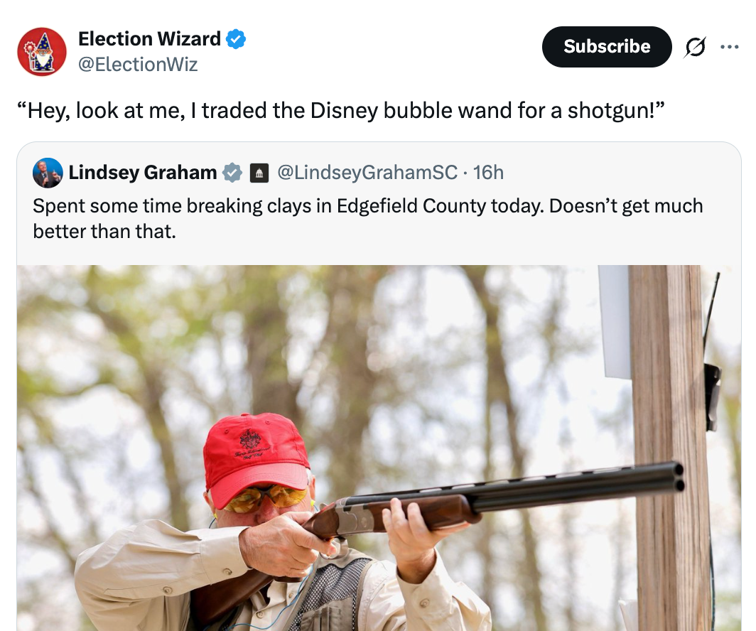 A societal  media station  jokingly quotes, "Hey, look   astatine  me, I traded the Disney bubble wand for a shotgun!" referencing a tweet showing idiosyncratic    aiming a shotgun