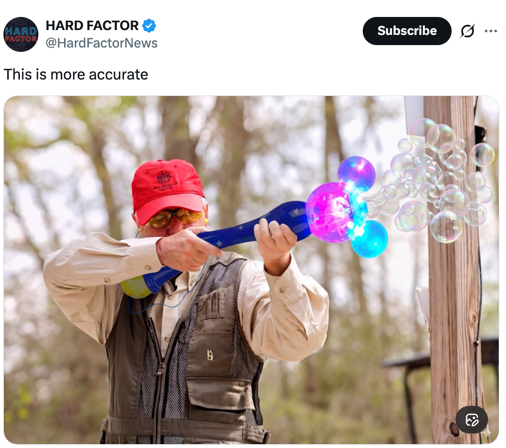 Man connected  shooting scope  uses a artifact  bubble gun, aiming arsenic  bubbles interval  out, wearing a reddish  headdress  and tactical vest