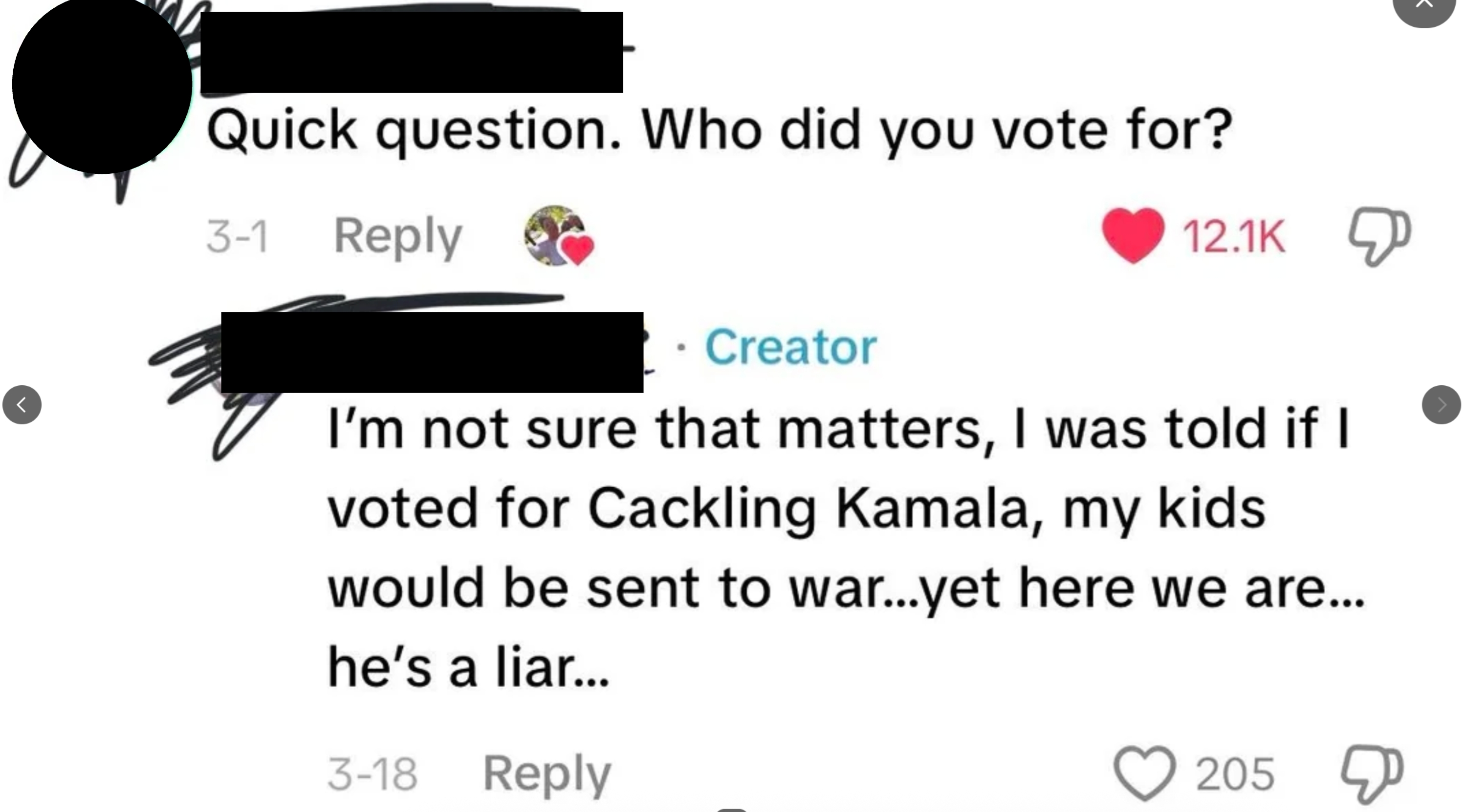 Social media remark  thread showing a user's governmental  question   and a creator's captious  effect   astir  voting and war