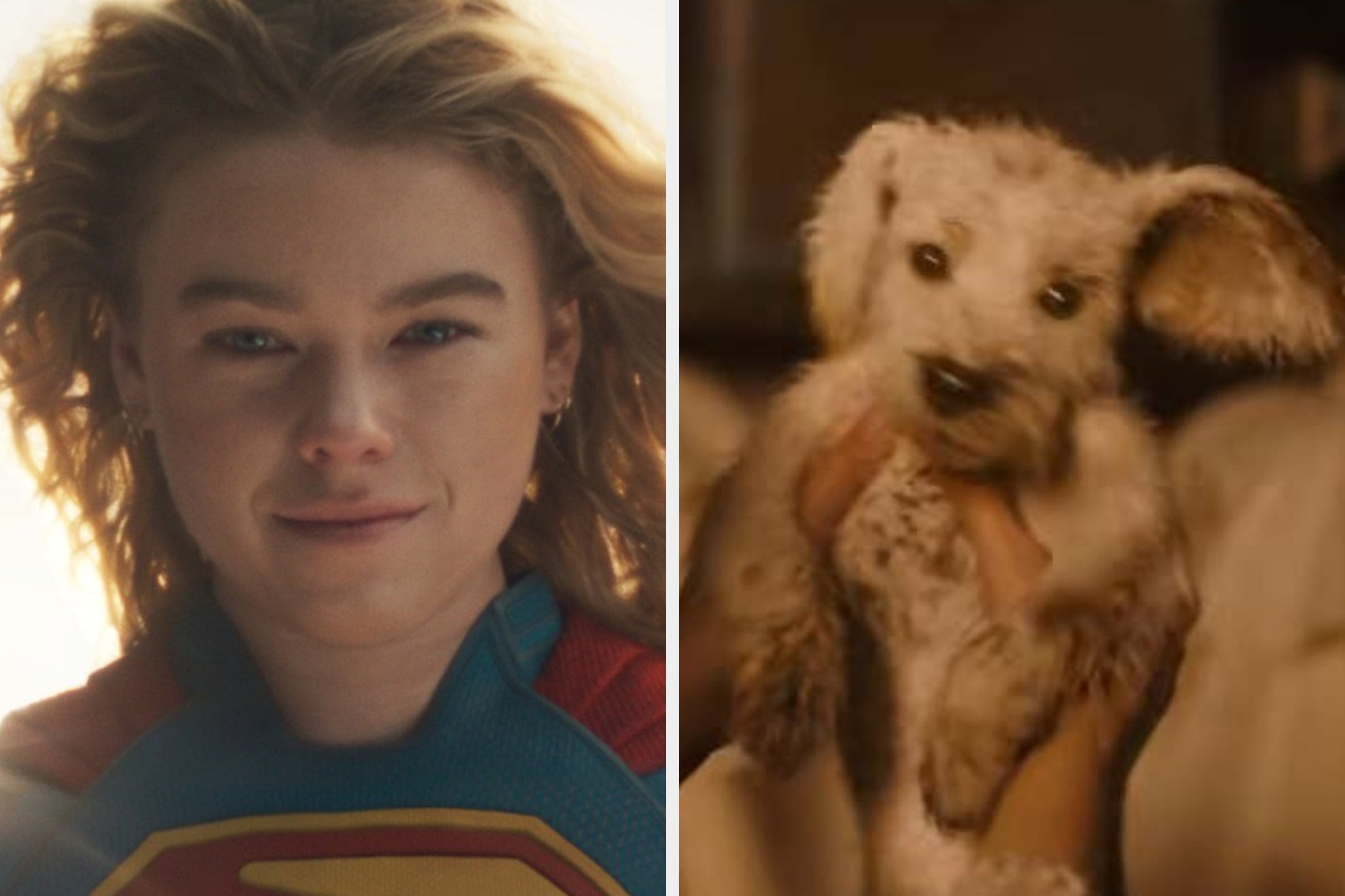 Two people in superhero costumes with a red and yellow emblem on blue suits; one shown in person, another on a screen display