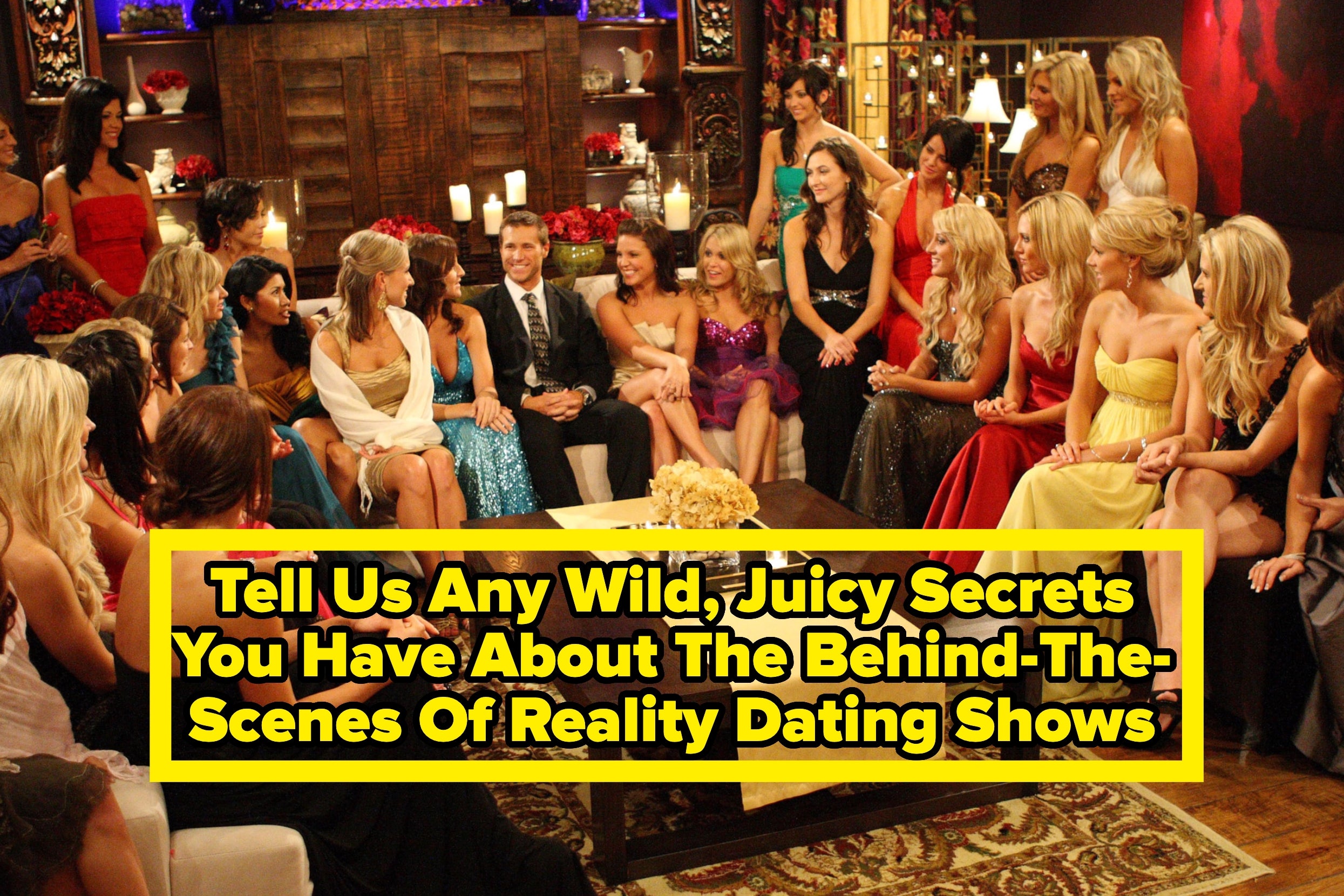 Group of people seated on a set resembling a reality dating show. Text asks for behind-the-scenes secrets of such shows