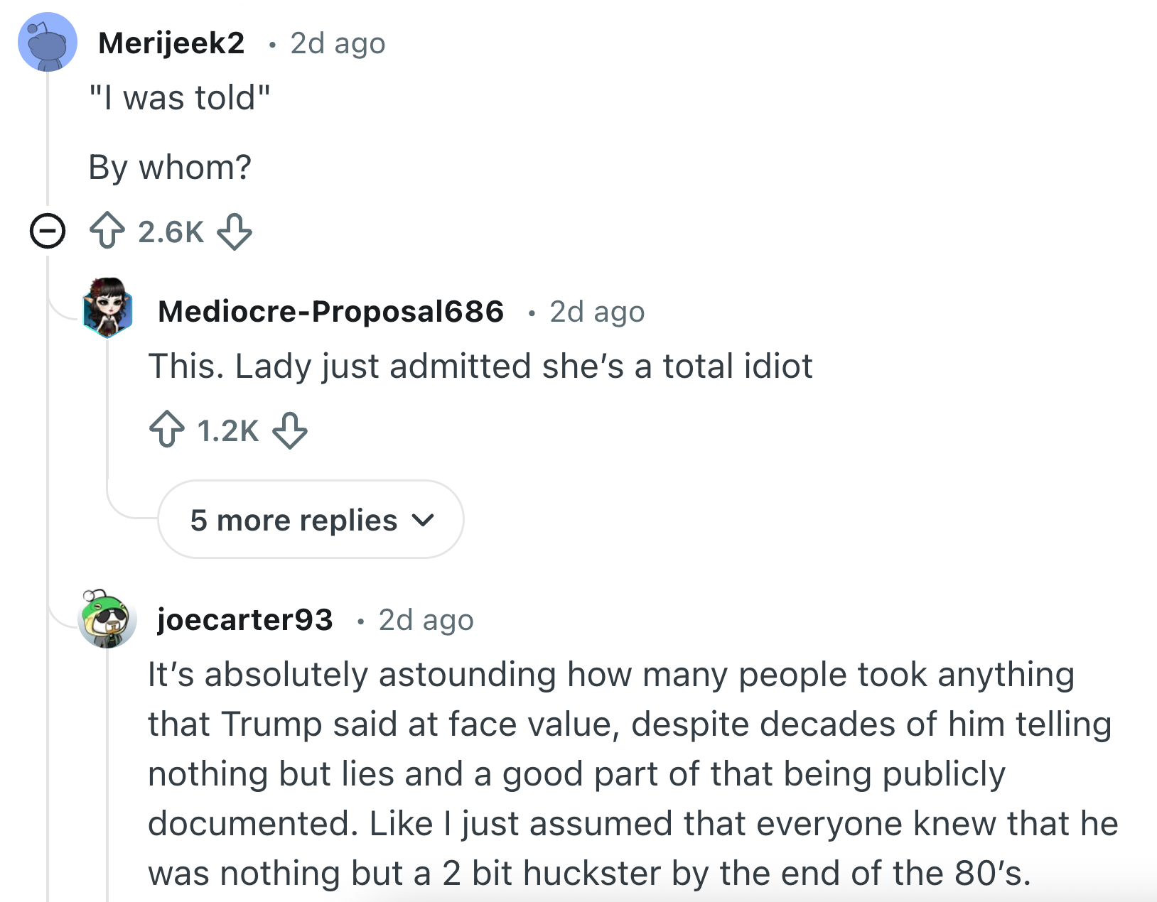 Reddit comments discussing skepticism astir  Trump's statements and referencing misinformation