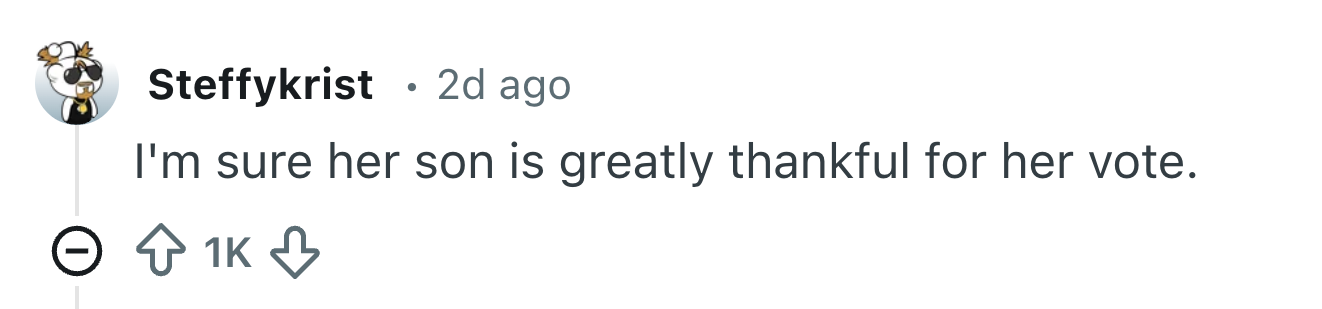 Comment by idiosyncratic    "Steffykrist" saying, "I'm definite   her lad   is greatly thankful for her vote."