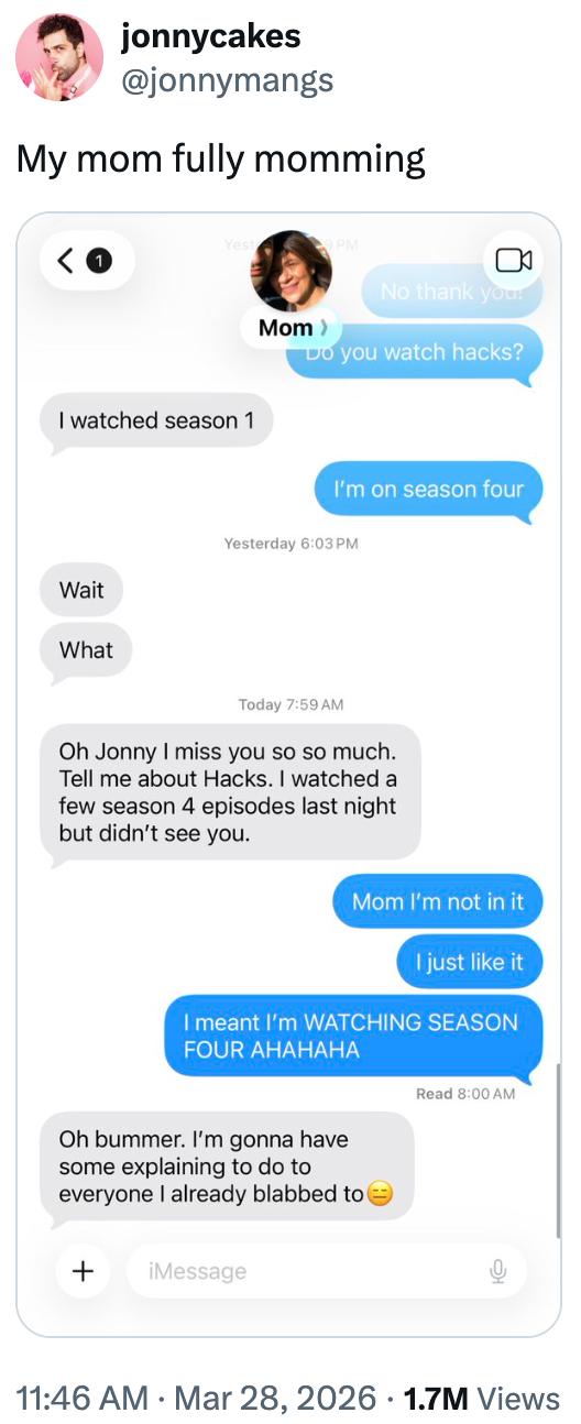 Screenshot of a text conversation between a person and their mom misunderstanding about watching season four of a show